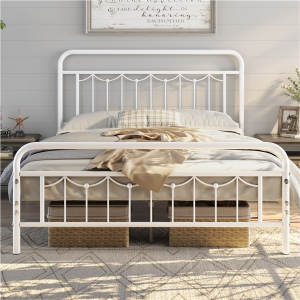 Metal Platform Bed Frame with Vintage Headboard and Footboard