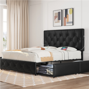 Queen Size Bed Frame with 4 Storage Drawers and USB Ports